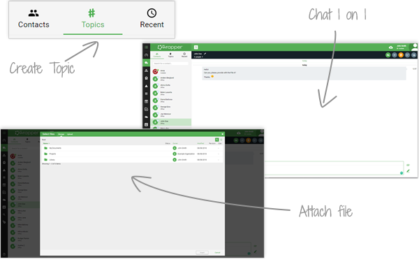 qmsWrapper chat – 1-on-1 and group conversations with topics and file attachments linked to QMS projects